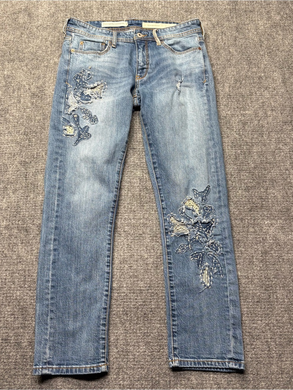 Pilcro Jeans Womens 27 Blue Slim Boyfriend Sashiko Embroidered Anthropologie